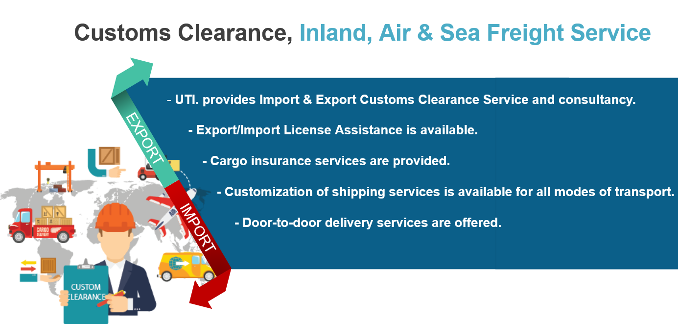 Customs Clearance, Inland, Air & Sea Freight Service, - UTI provide Import & Export Customs Clearance Service and Consultant.      - Cross border services THAILAND-MALAYSIA-SINGAPORE, LAO, CAMBODIA,           MYANMAR by truck.               - Customization of shipping services by all mode of transport.  - Door to door delivery services. 